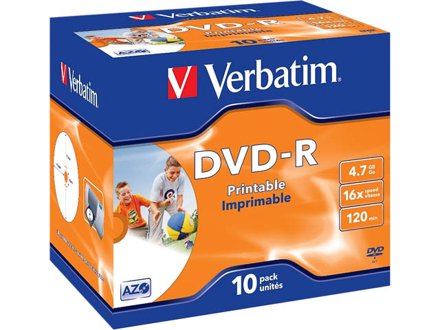 VERBATIM DVD-R 4.7GB 16X IW (10Stk) JC JEWEL CASE INKJET PRINTABLE - 43521