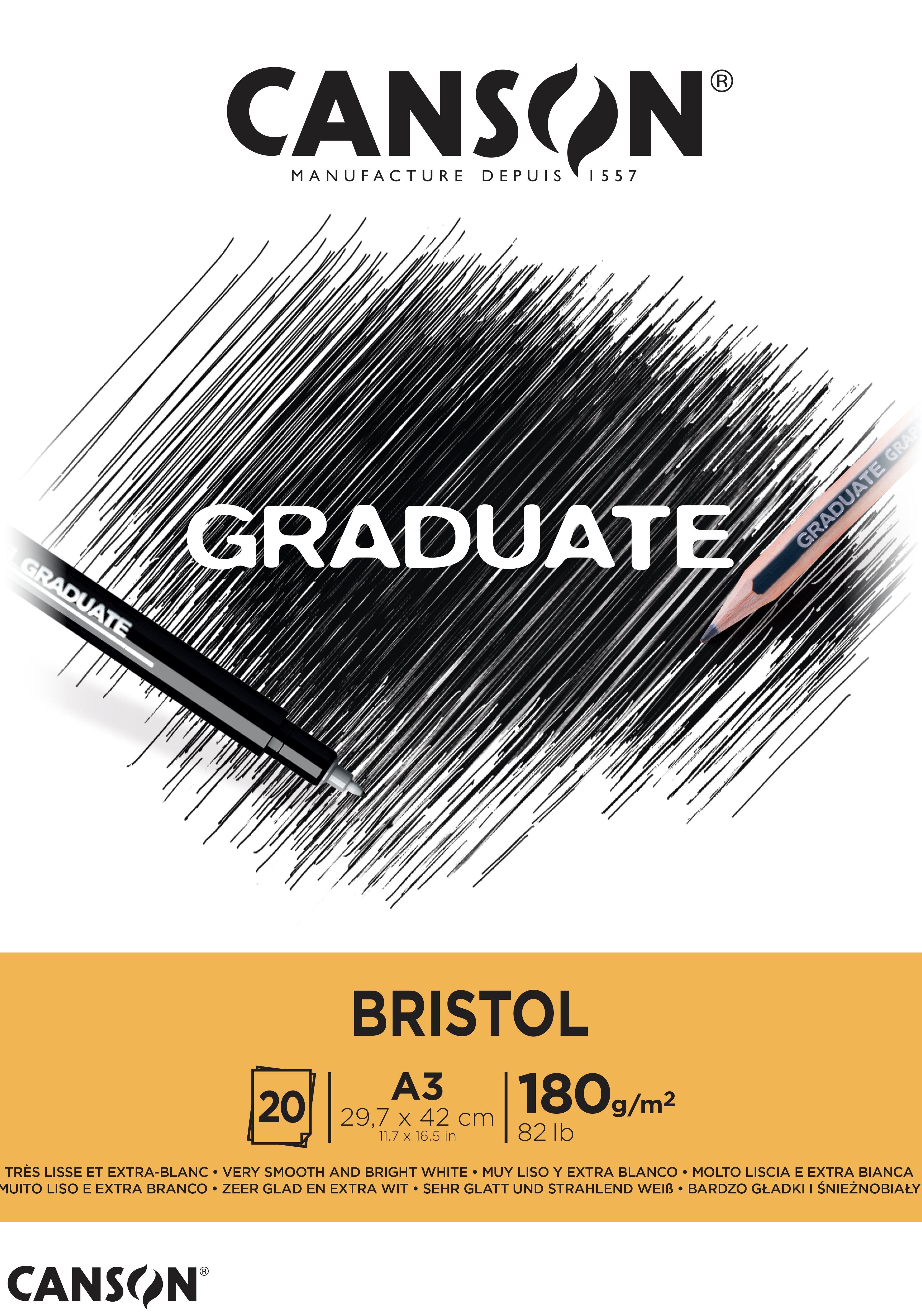CANSON Graduate Bristol Block (glatte Oberfläche), DIN A3, 20 Blatt, 180 g/m², weiß