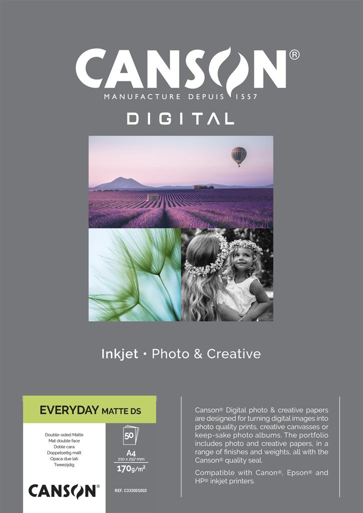 CANSON Digital Everyday Double-side Matt Fotopapier Inkjet, A4 - 21 x 29,7 cm (50 Bogen), 170 g, weiß