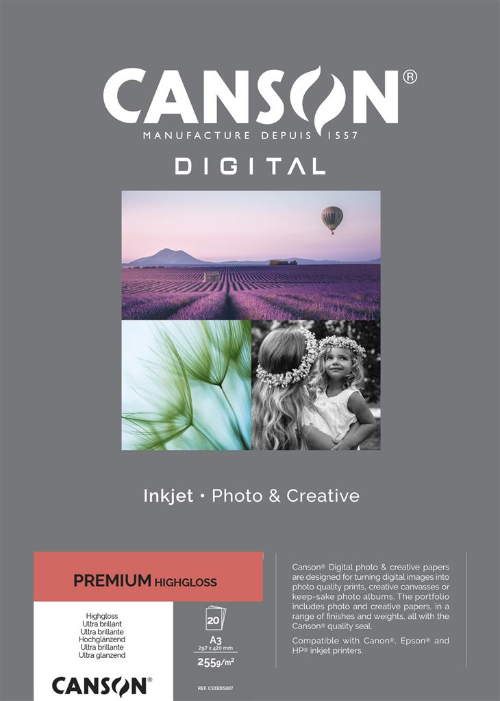 CANSON Premium High Gloss RC Fotopapier Inkjet, A4 - 21 x 29,7 cm (20 Bogen), 255 g, weiß - glänzend