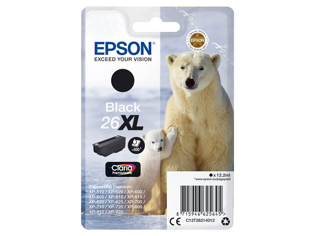 EPSON 26XL XP TINTE Schwarz HC 500 S 12,2ml - C13T26214012