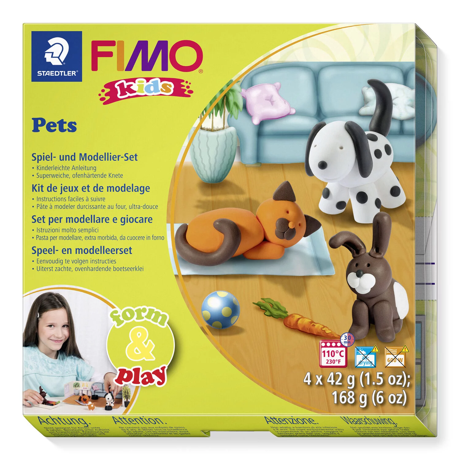 STAEDTLER 8034 02 LY - Fimo kids Set Pets - ofenhärtende Modelliermasse, 4x42g