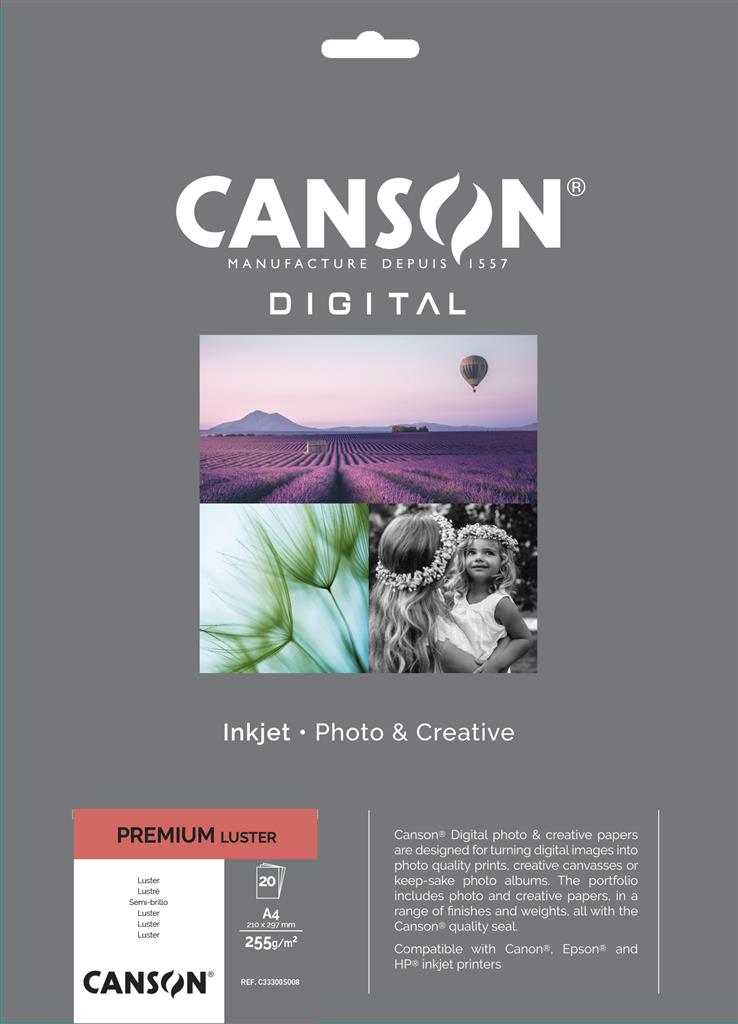 CANSON Premium Lustre Fotopapier Inkjet, A4, 21 x 29,7 cm (20 Bogen), 255 g, weiß