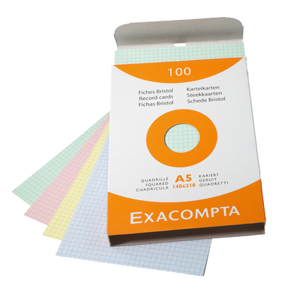 EXACOMPTA Karteikarten A5 kariert, 148x210mm, Faltschachtel mit 100 Stück - Farben sortiert