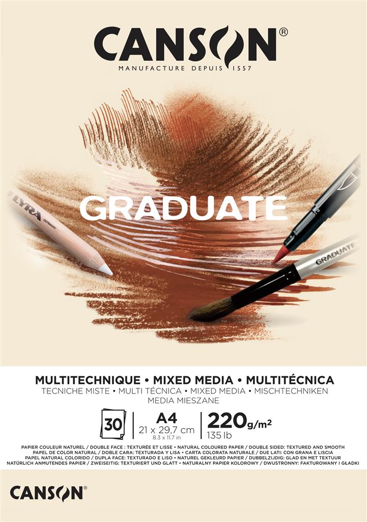 CANSON Graduate Mix Media (Mischtechniken) Papier Block, DIN A4, 30 Blatt, 220 g/m², Natur