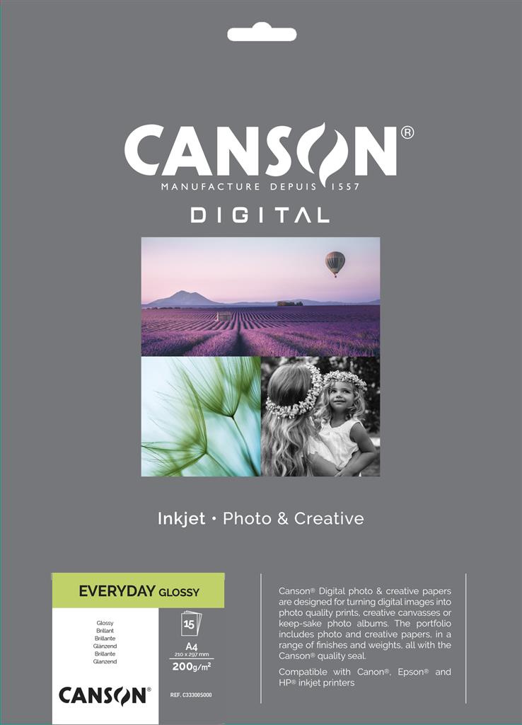 CANSON Digital Everyday Gloss Fotopapier Inkjet, A4 - 21 x 29,7 cm (15 Bogen), 200 g, weiß glänzend