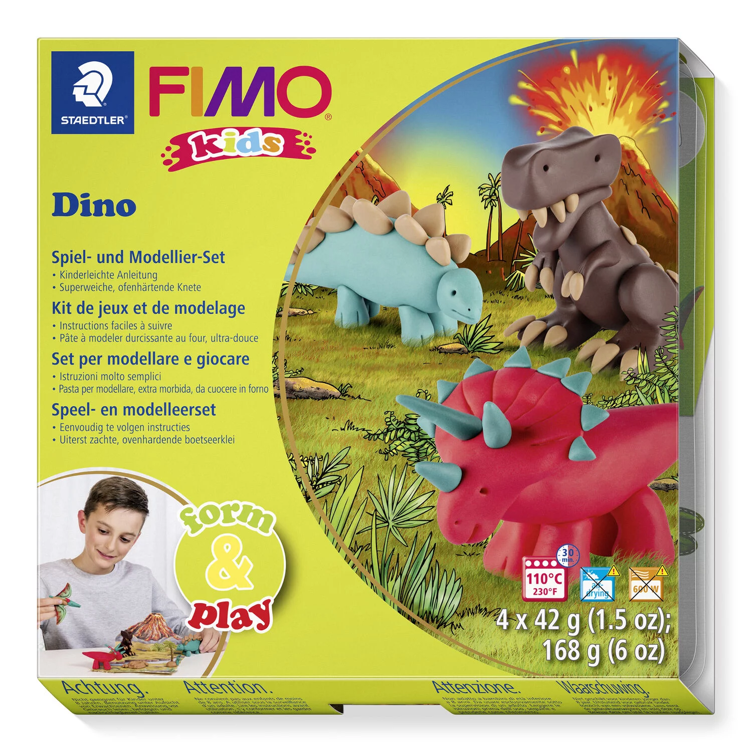 STAEDTLER 8034 07 LY - Fimo kids Set Dino - ofenhärtende Modelliermasse, 4x42g