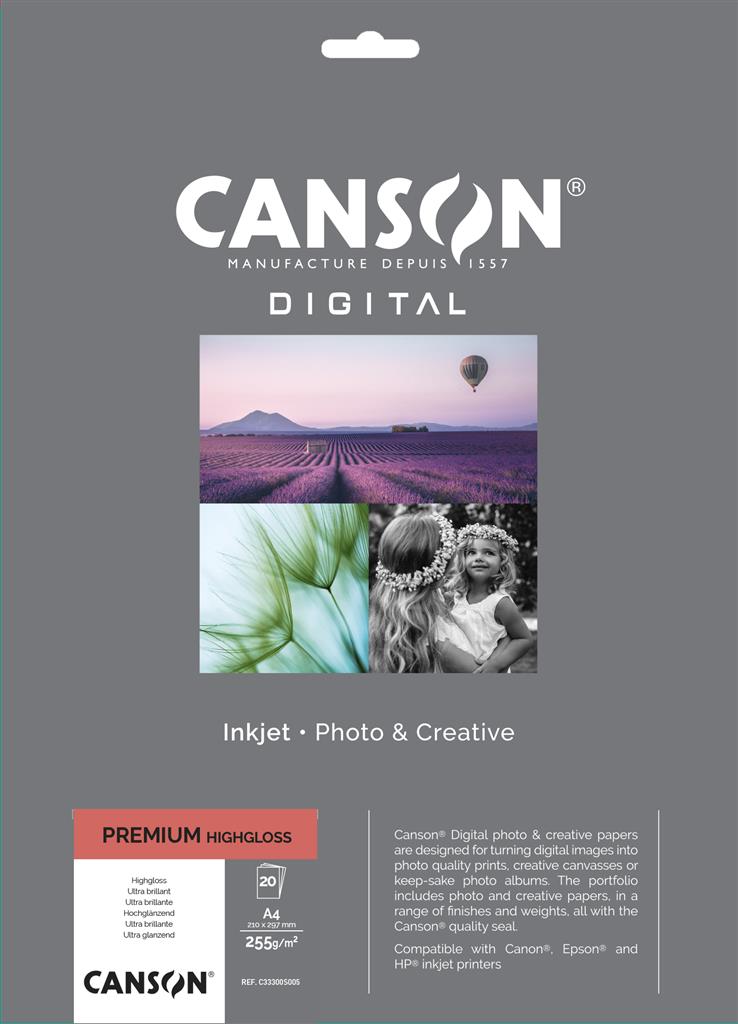 CANSON Premium High Gloss RC Fotopapier Inkjet, A4 - 21 x 29,7 cm (20 Bogen), 255 g, weiß - glänzend