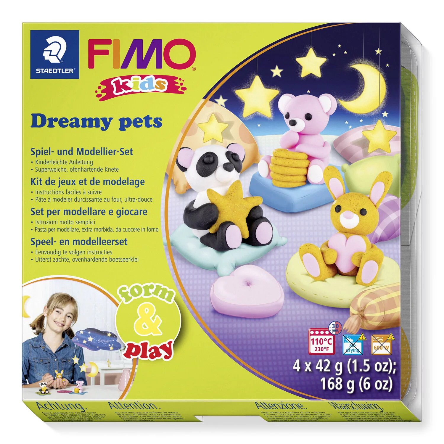 STAEDTLER 8034 28 LY - Fimo kids Set Dreamy Pets - ofenhärtende Modelliermasse, 4x42g