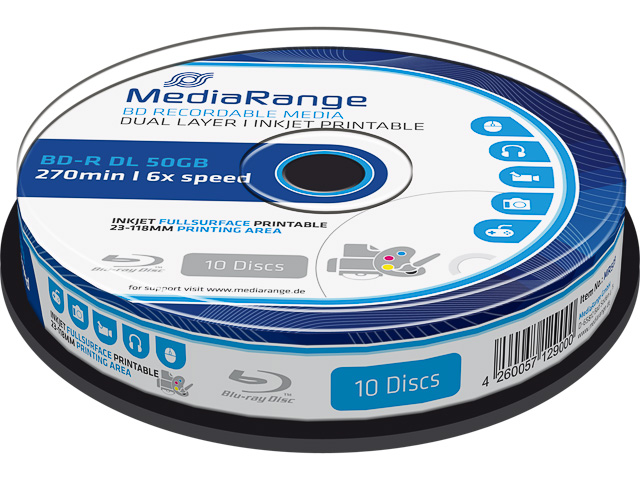 MEDIARANGE BD-R DL 50GB 6X IW (10Stk) CB BLU-RAY CAKE BOX INKJET PRINTABLE - MR509