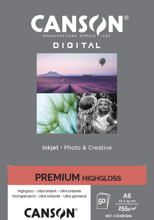 CANSON Premium High Gloss RC Fotopapier Inkjet, A6 - 10,2 x 15,2 cm (50 Bogen), 255 g, weiß - glänzend