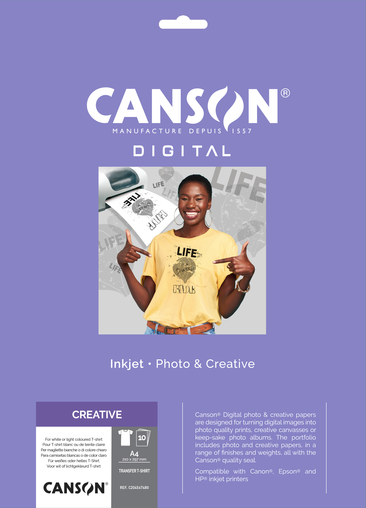 CANSON T-Shirt Transfer Papier Pochette, Inkjet, DIN A4, 10 Blatt, 140 g/m², Weiß