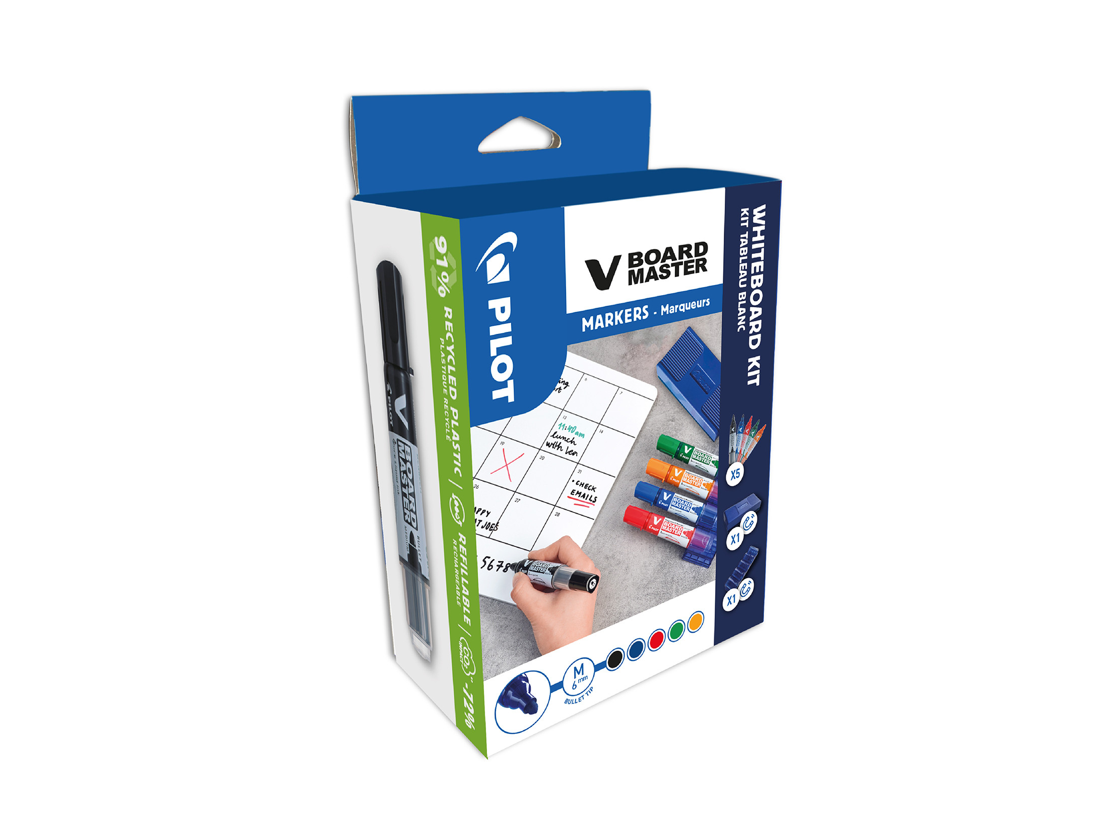 PILOT Whiteboard Kit mit V-Board Master 6.0 (M) Rundspitze + magn. Penholder + Tafelwischer