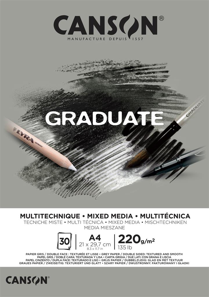 CANSON Graduate Mix Media (Mischtechniken) Papier Block, DIN A4, 30 Blatt, 220 g/m², Grau