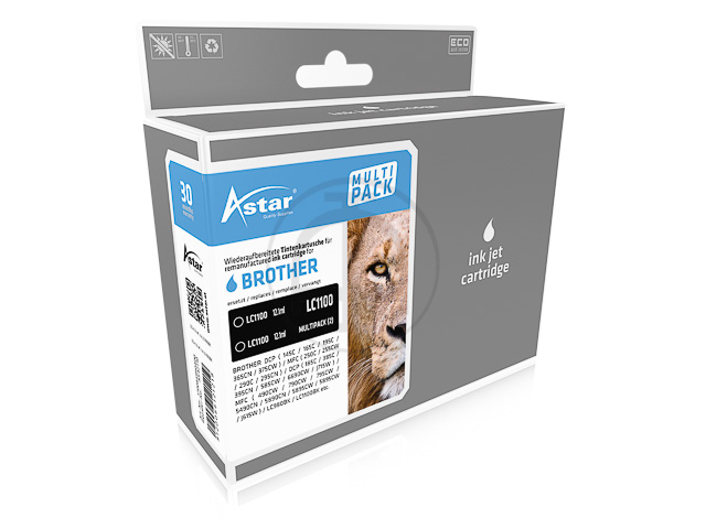 Astar AS42110 Tintenpatrone komp zu BROTHER LC1100BK MFC6490, 2 x 18 ml, schwarz